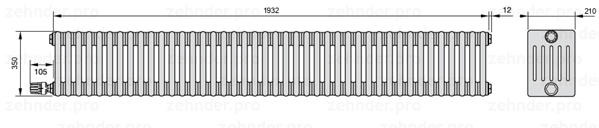 Схема (чертеж) Радиатор Zehnder Charleston 6035/42 №V003 Белый глянцевый RAL 9016